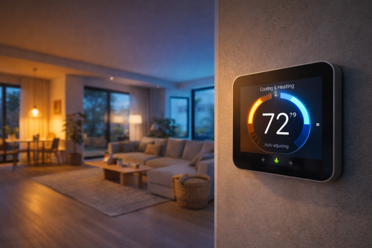 Smart thermostat controlling heating and cooling in a modern smart home.
