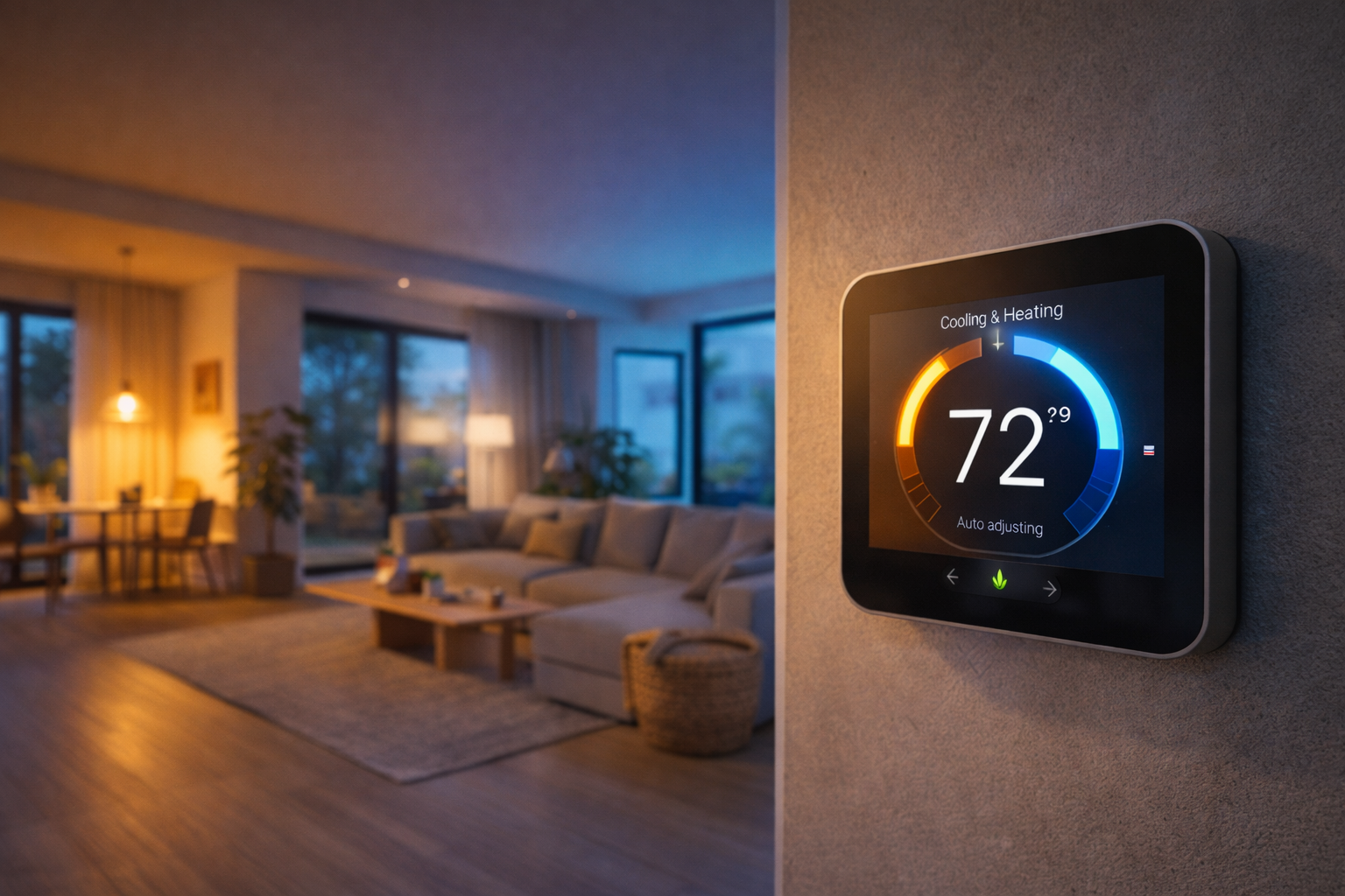 Smart thermostat controlling heating and cooling in a modern smart home.