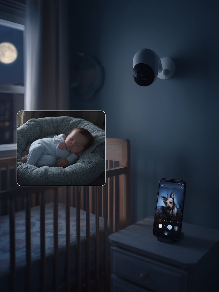 baby monitor feature of indoor camera with 2-way audio and night vision