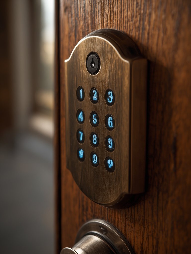 electronic door lock keypad on smart home entryway