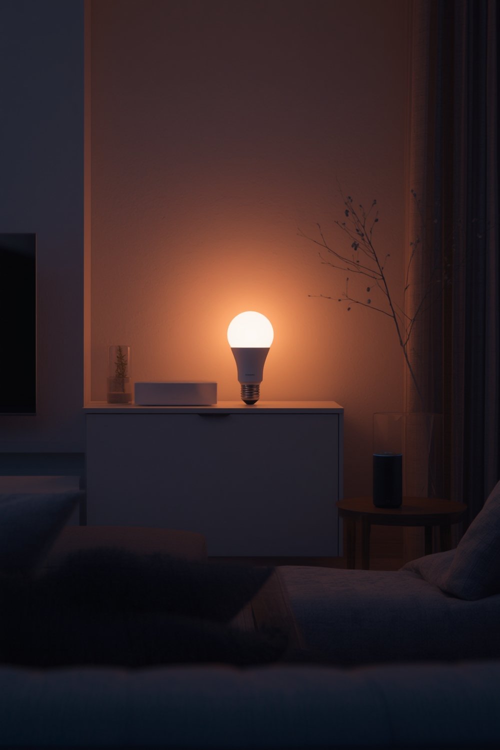 smart bulb in modern bedroom with vivid colors